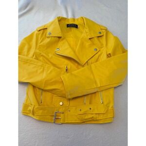 SCRJFS Rui Jie Fu Shi Womens Yellow Faux Leather Moto Biker Jacket Belted L
